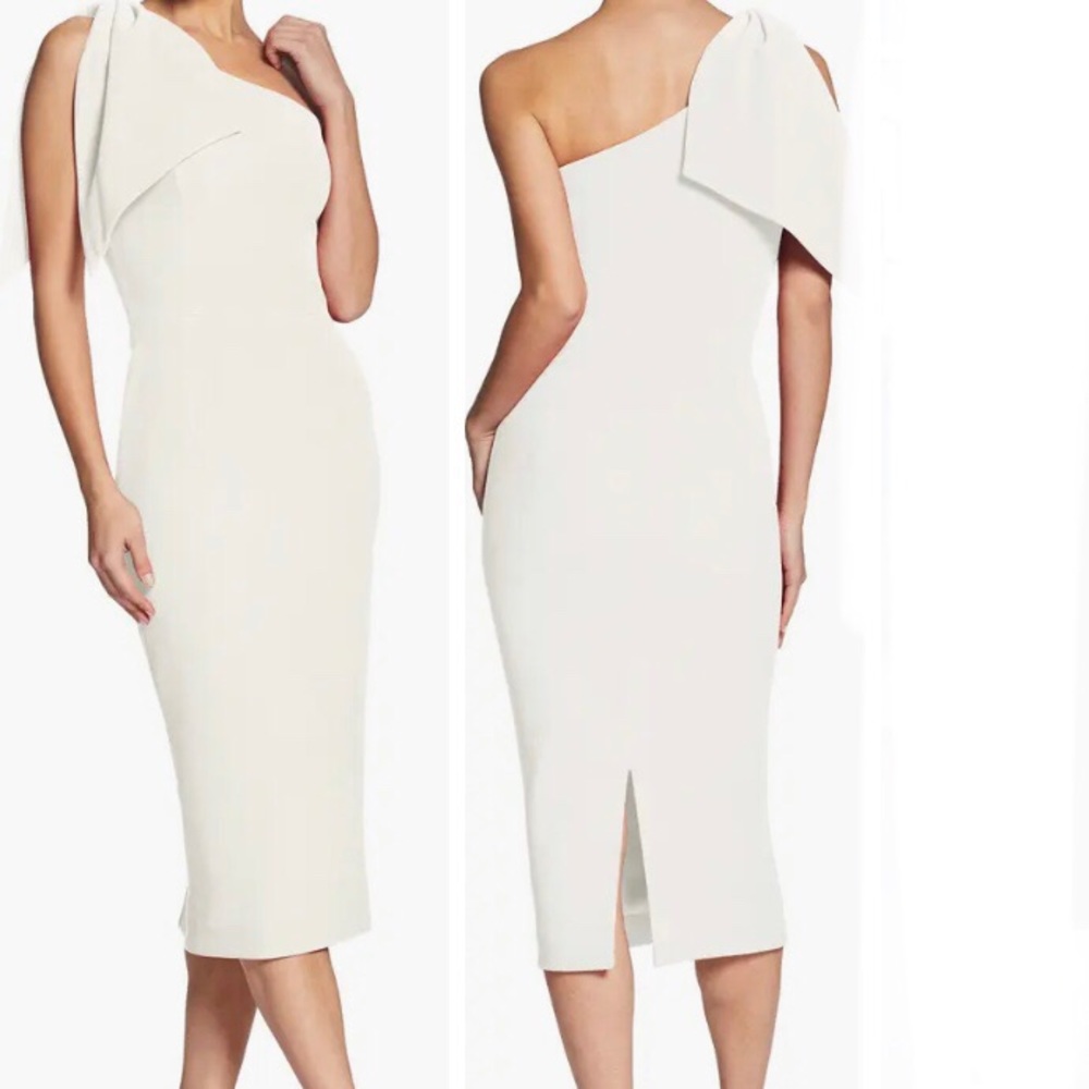 NWT Dress the Population Tiffany Off-White Asymmetrical Midi Dress, Small